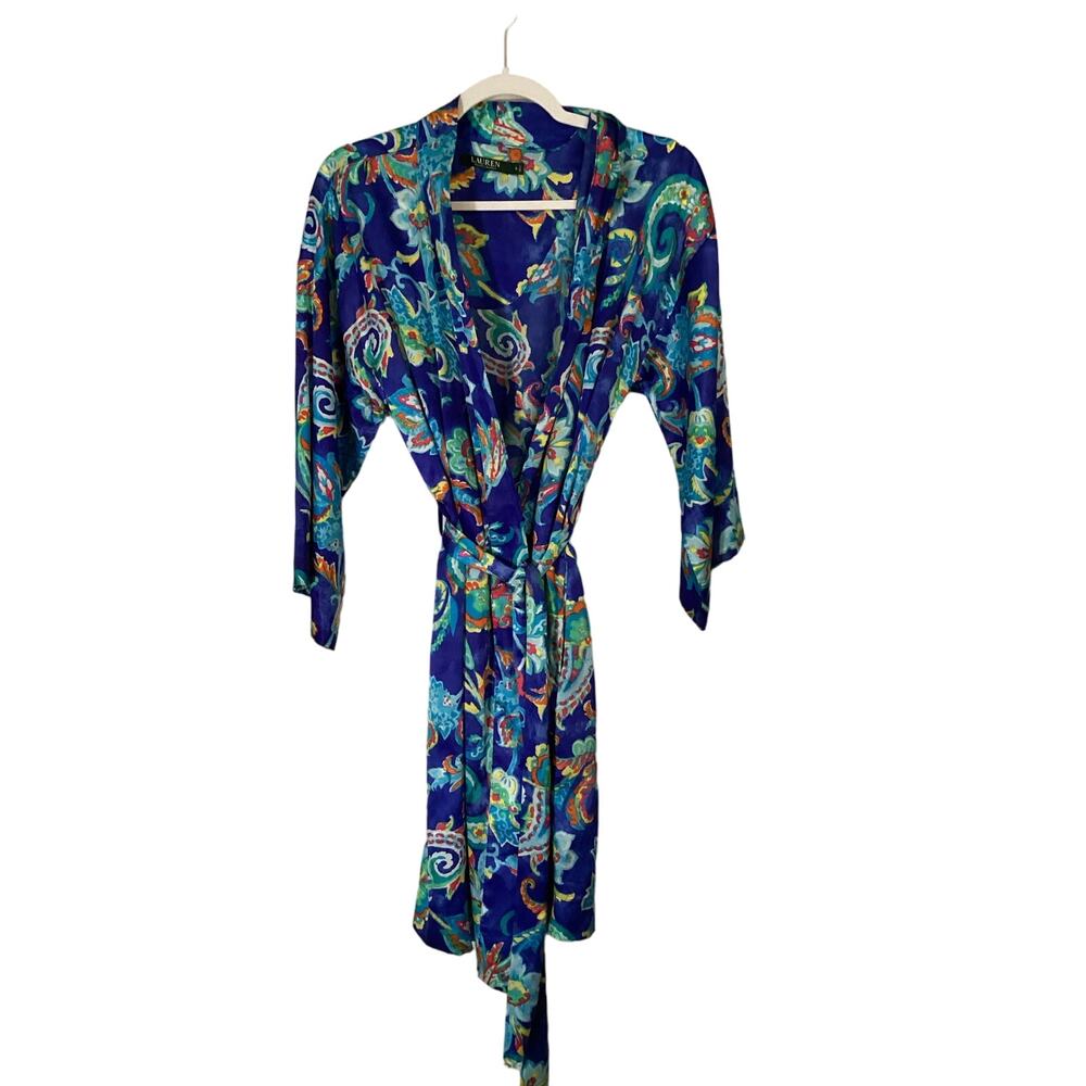 Ralph Lauren Robe Women's Size Small Blue with Red Yellow Vector Floral Patterns